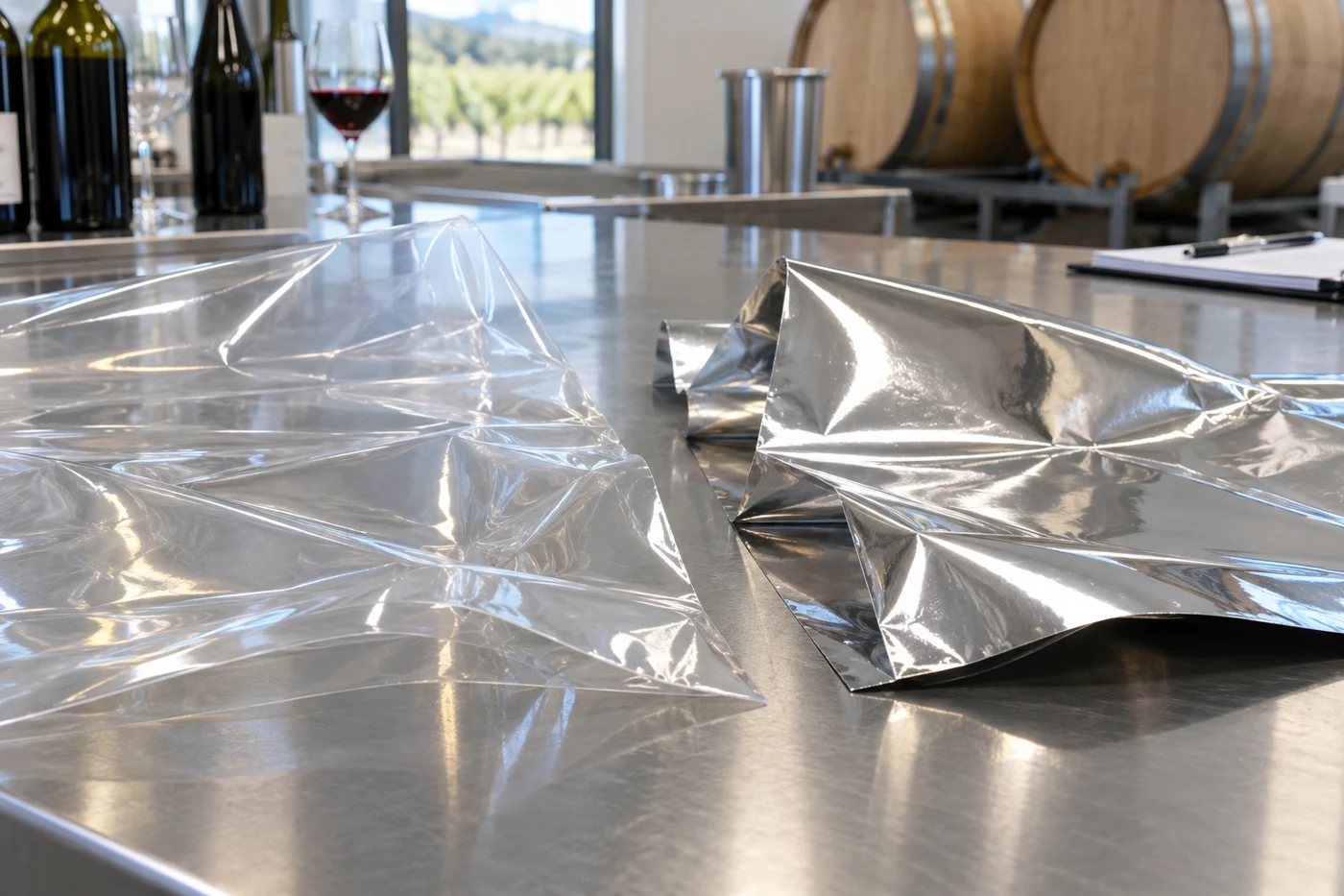 Clear and silver film samples with folds on a workbench