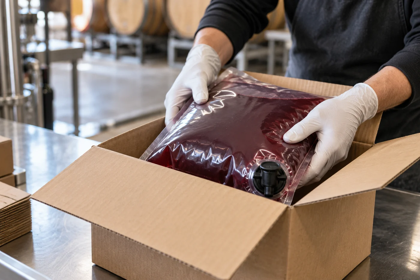 Gloved hands supporting a wine pouch inside an open box