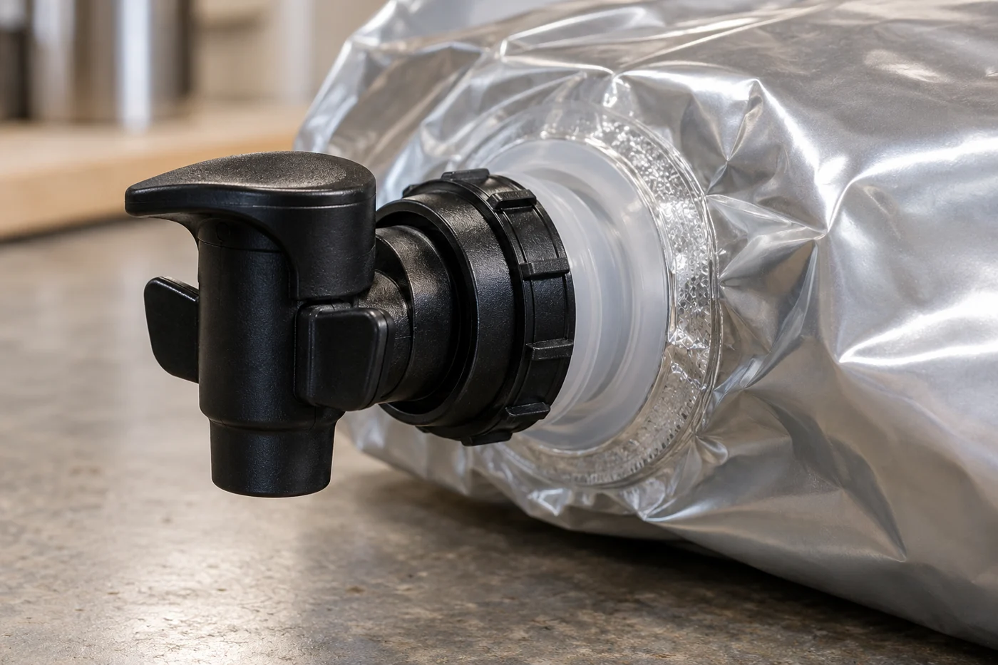 Close view of a dispensing tap and its connection to a pouch