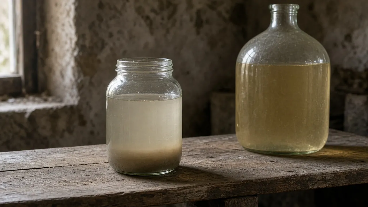 Unmarked glass jar of settled beige slurry beside a carboy of pale wine on a wooden bench