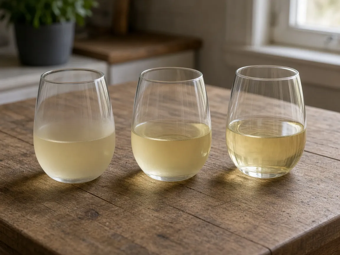 Three glasses of pale wine on a wooden table, the left glass cloudier than the right