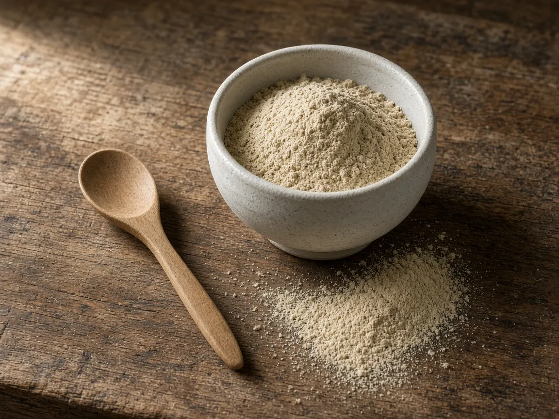 Bowl of fine beige powder with a wooden spoon and a small spill on a wooden bench