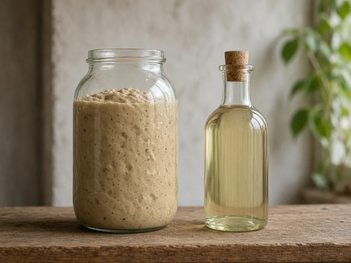 Unmarked jar of thick beige slurry beside a corked bottle of pale wine
