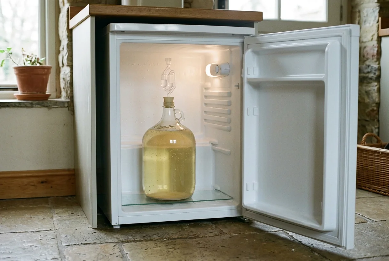 A small glass demijohn of pale wine with an airlock on a shelf inside an open refrigerator