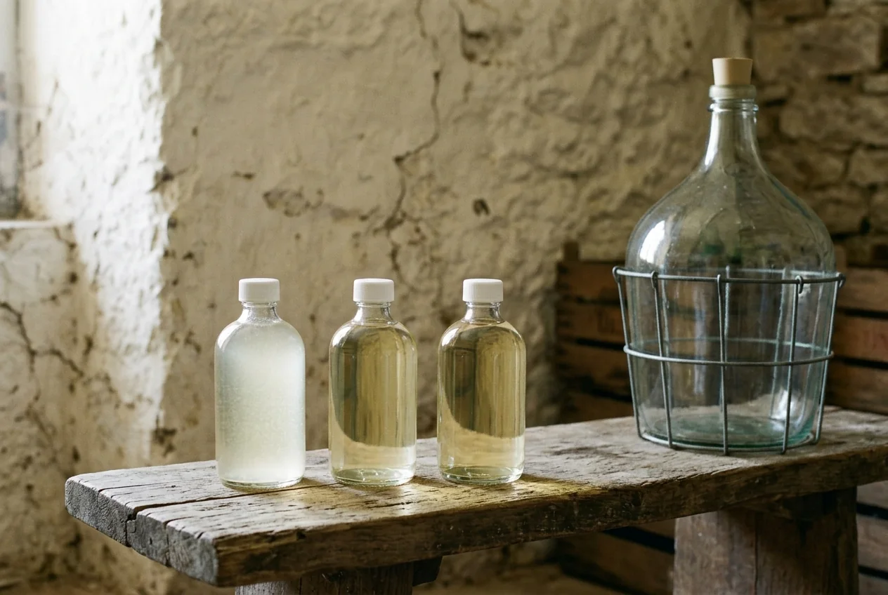 Three small capped glass bottles of pale wine beside a larger glass demijohn on a wooden bench