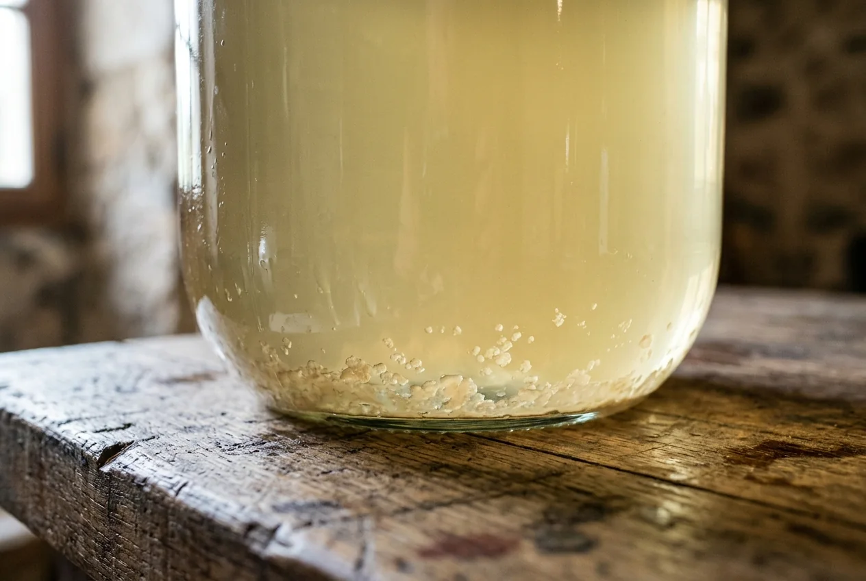 Small translucent crystals scattered across the bottom of a glass vessel beneath pale wine
