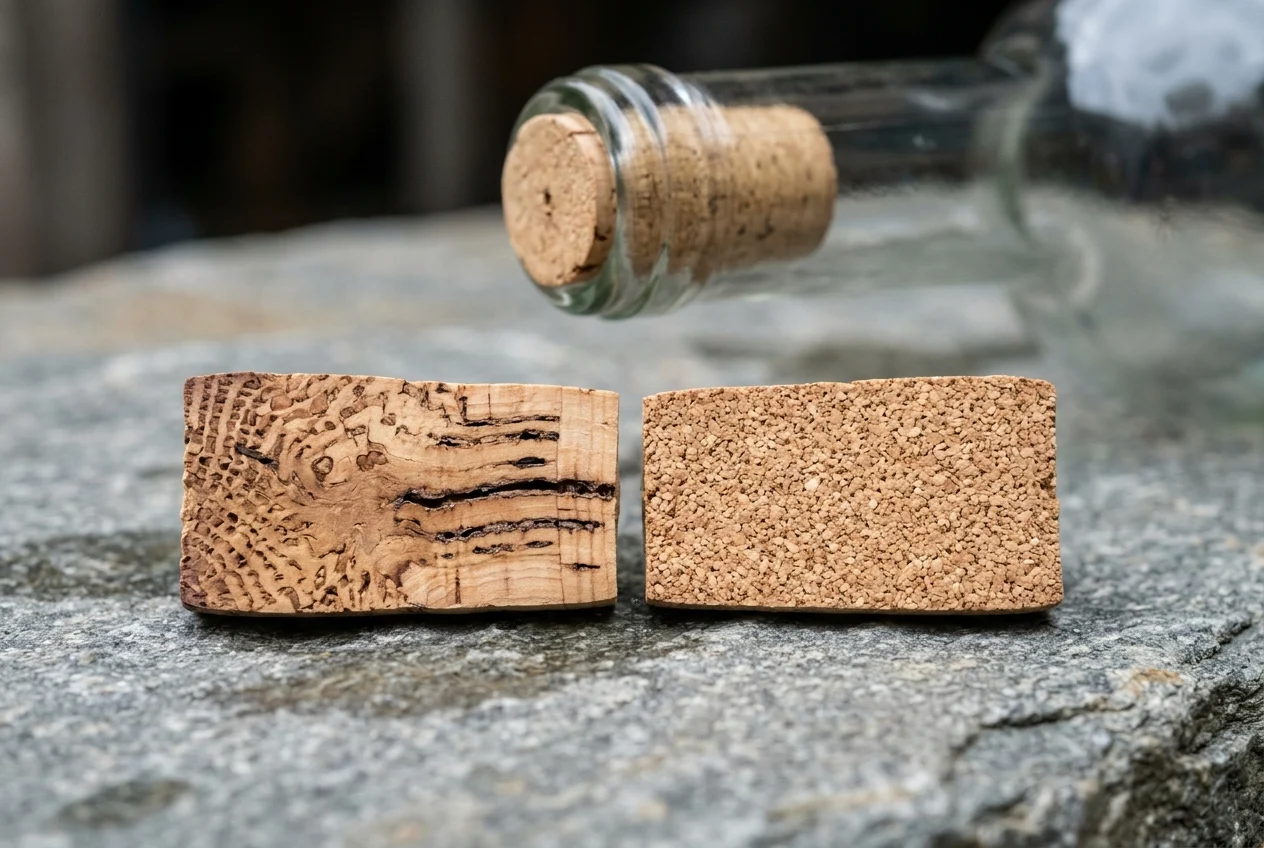 Side-by-side natural cork and micro-agglomerated technical cork beside a corked glass bottle neck