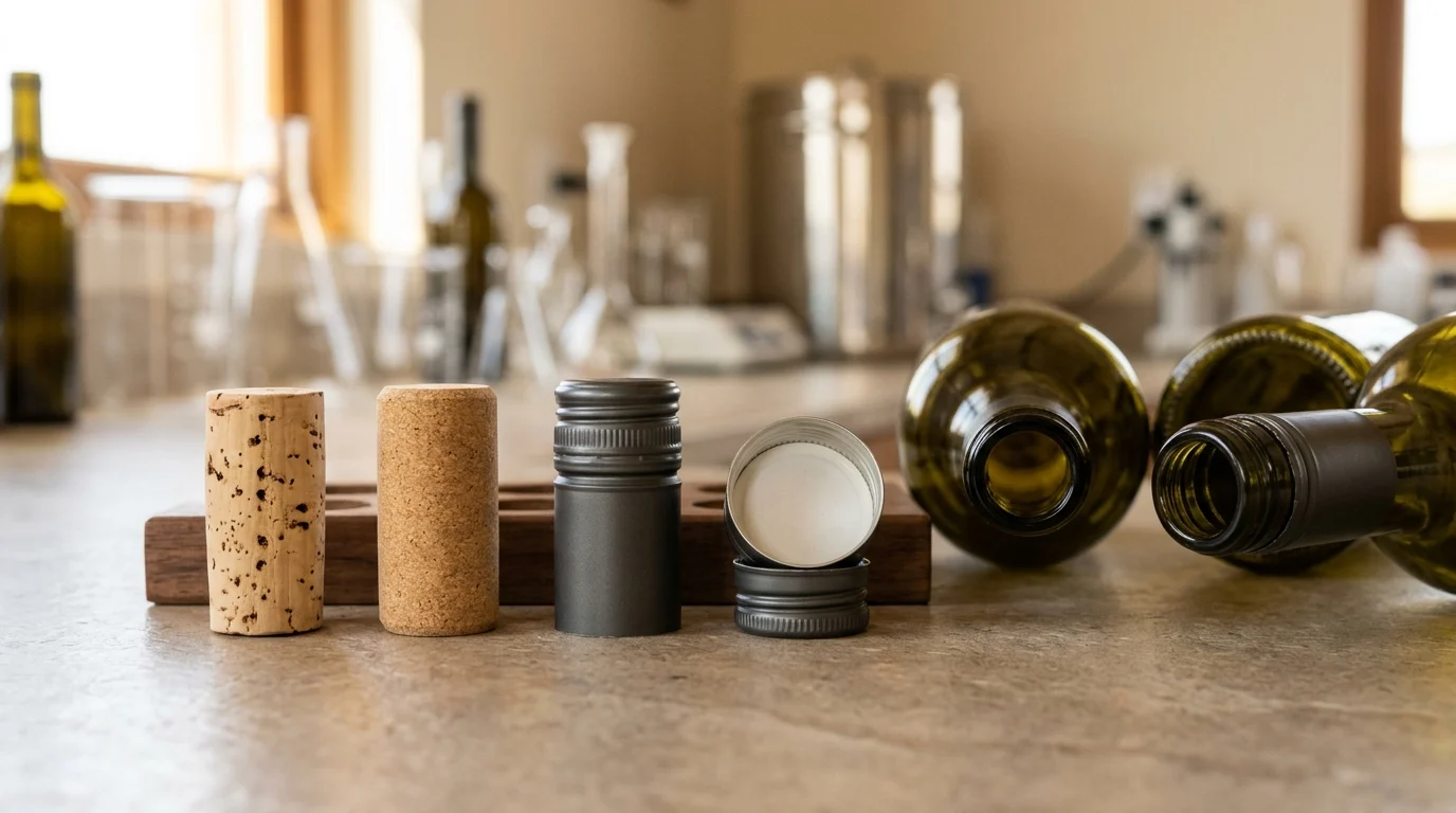 Natural cork stopper, micro-agglomerated technical cork stopper, and aluminium wine screw caps with internal liner disc beside glass wine bottle necks on a winery lab bench