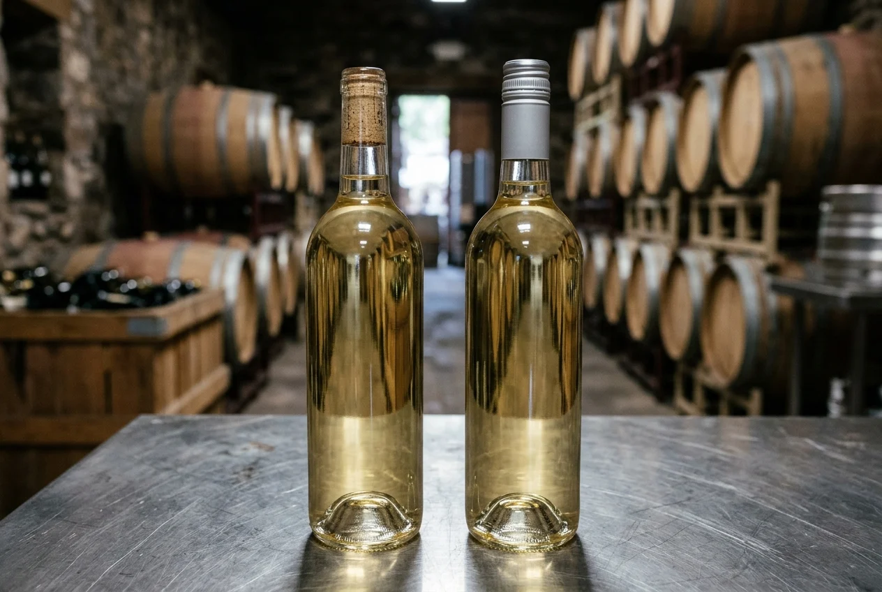 Two filled clear glass white wine bottles on a stainless steel cellar bench comparing headspace below a cylindrical cork stopper and headspace below a long-skirt aluminium screw cap