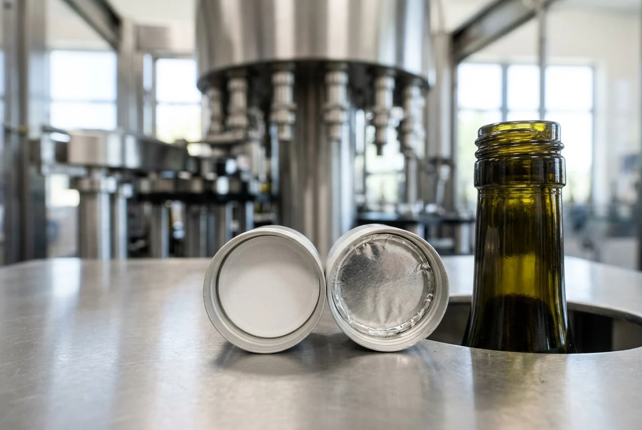 Two upturned aluminium wine screw cap shells showing white polymer and metallic tin liner discs beside a threaded glass wine bottle neck in front of a stainless steel capping machine