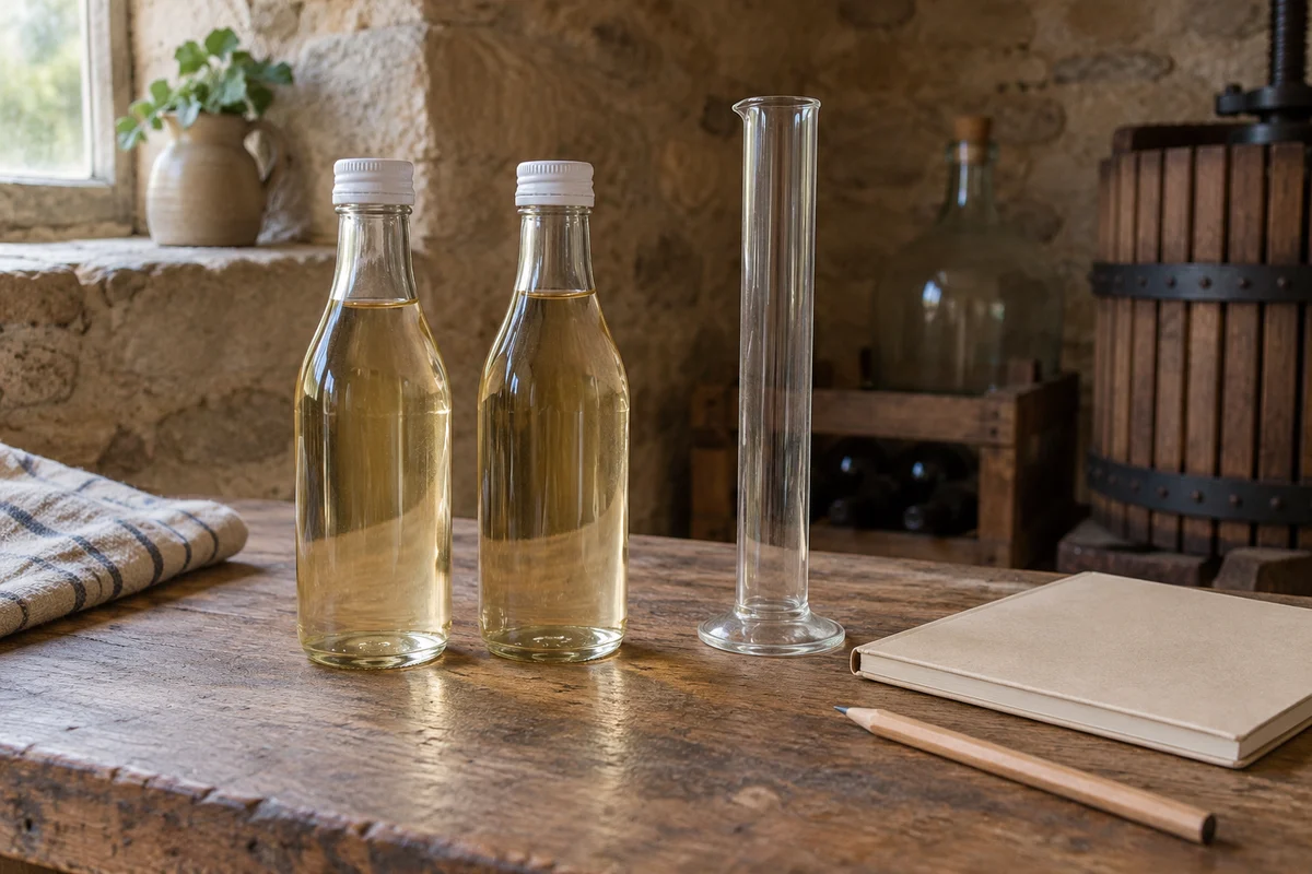 Two capped bottles of pale wine beside an empty glass cylinder and a closed notebook