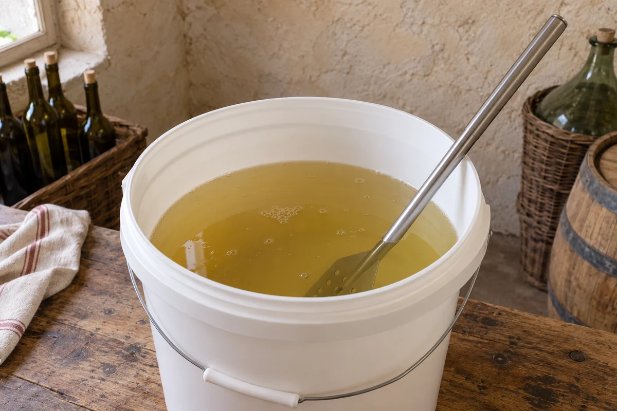 Stainless-steel paddle partly submerged in pale wine inside an open white bucket