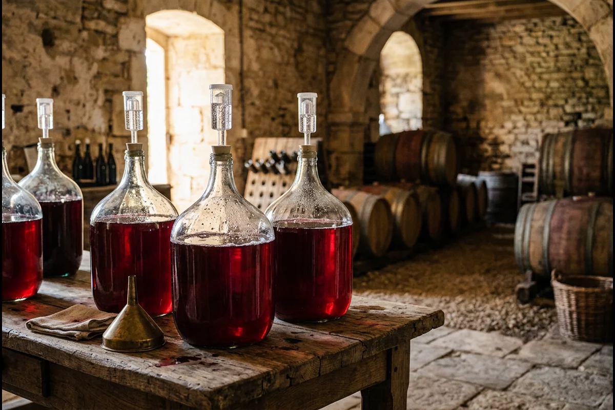 Rustic winery cellar with glass carboys of fermenting wine and airlocks