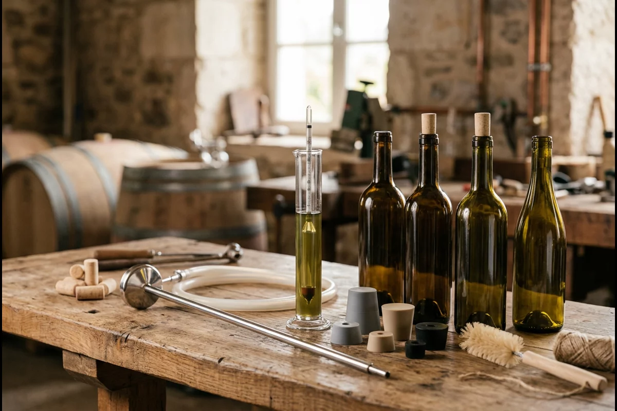 Artisan winemaking equipment arranged on wooden cellar workbench