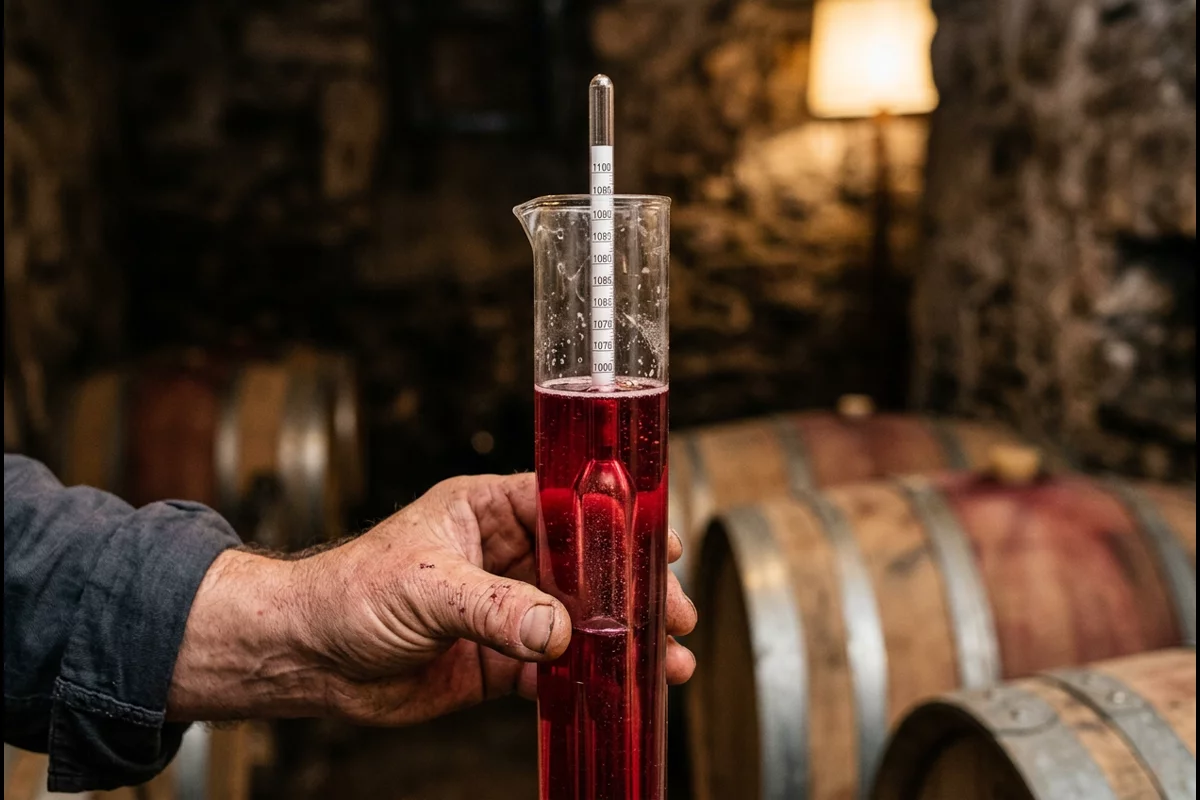 Winemaker taking specific gravity hydrometer reading in red wine must