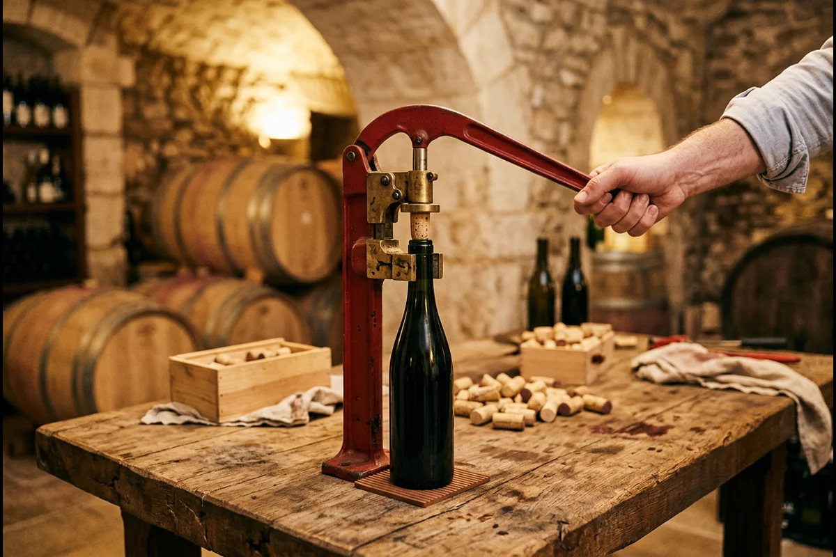 Manual wine bottle corker inserting natural cork into wine bottle