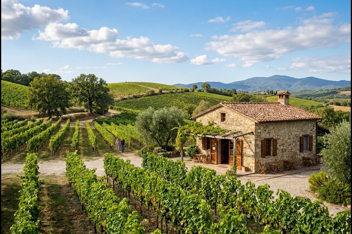 Picturesque boutique vineyard with neat vine rows and stone winery cellar