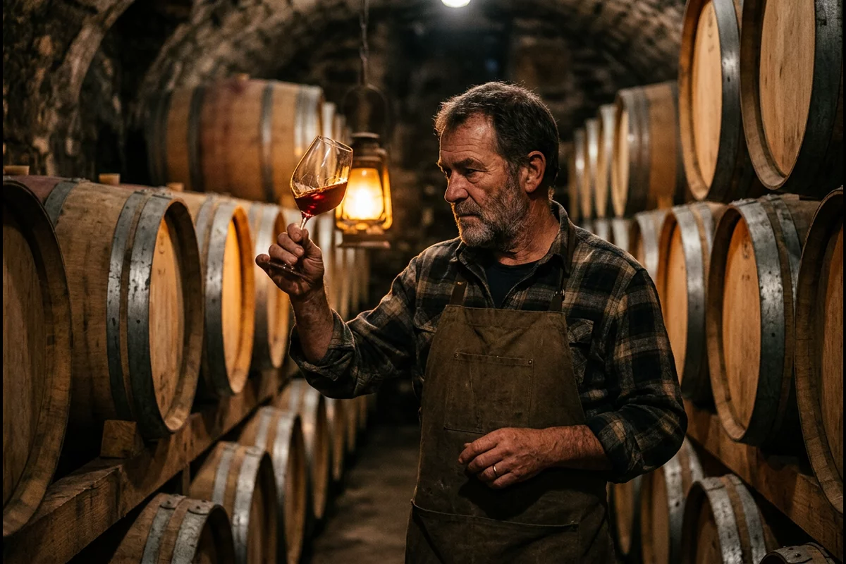 Cellar master inspecting clarity of wine in glass against light in barrel room