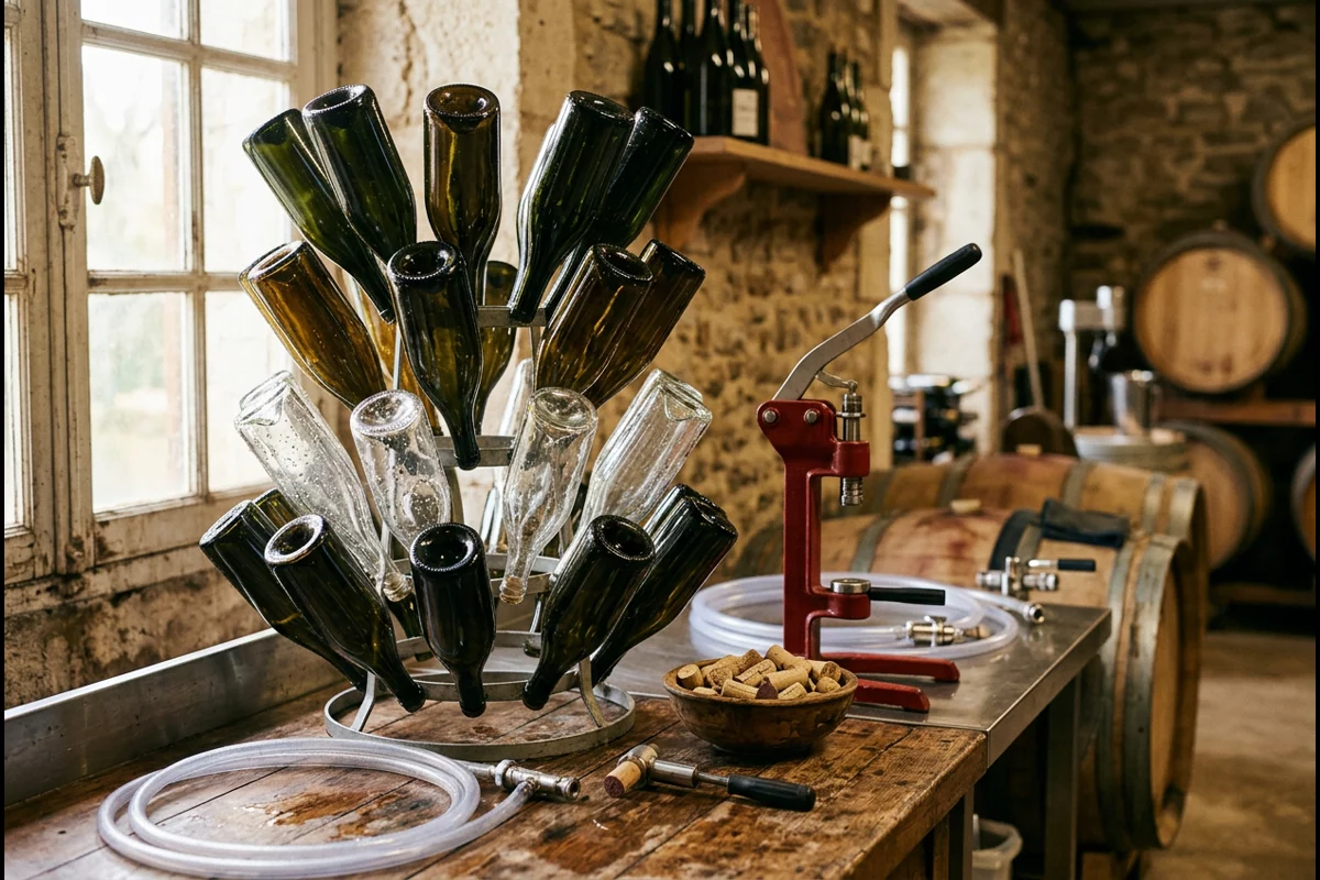 Small-batch wine bottling station with empty bottles on drying tree rack