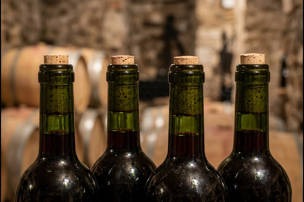 Wine bottle necks showing uniform standard headspace fill level below cork