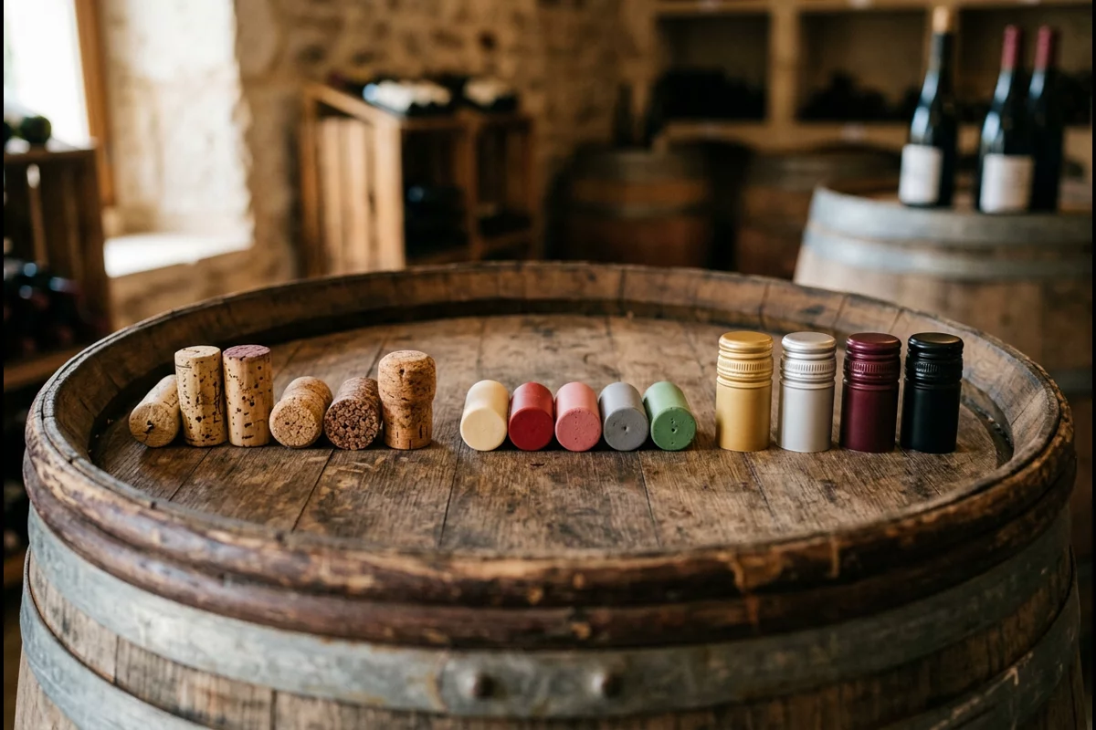 Natural corks, synthetic corks, and screw caps on wooden wine barrel top