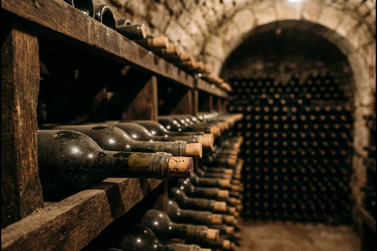 Corked wine bottles resting horizontally in wooden cellar aging racks