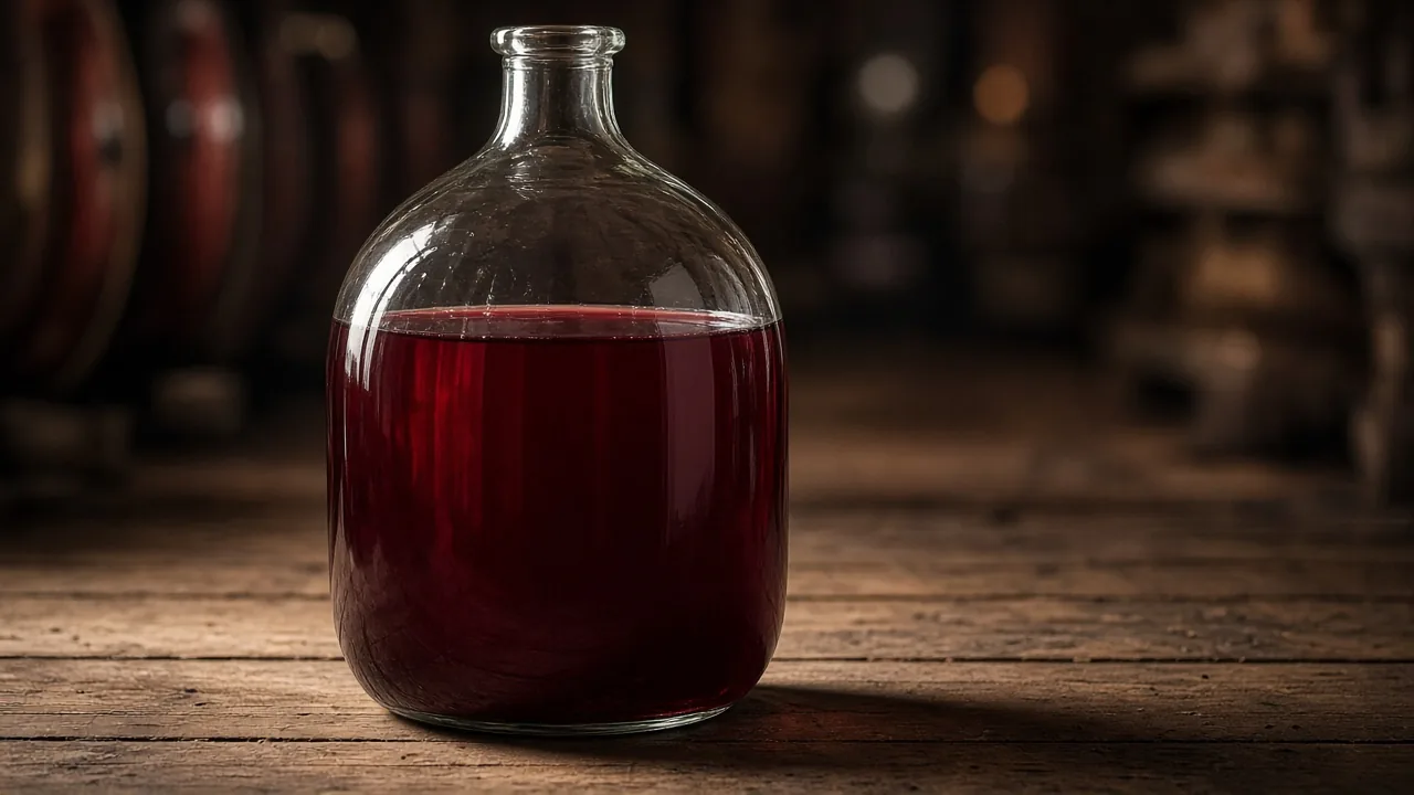Glass carboy of still red wine on a wooden cellar surface, with a calm surface and no label