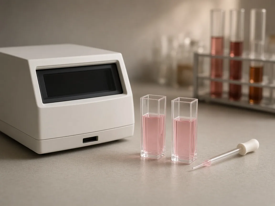 Bench spectrophotometer with a dark screen, two cuvettes of pale wine, and a pipette