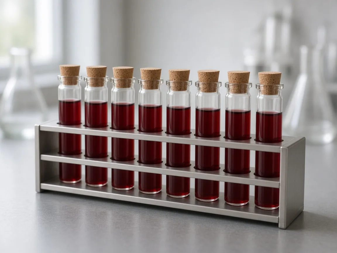 Unlabeled glass vials of red wine standing in a metal rack