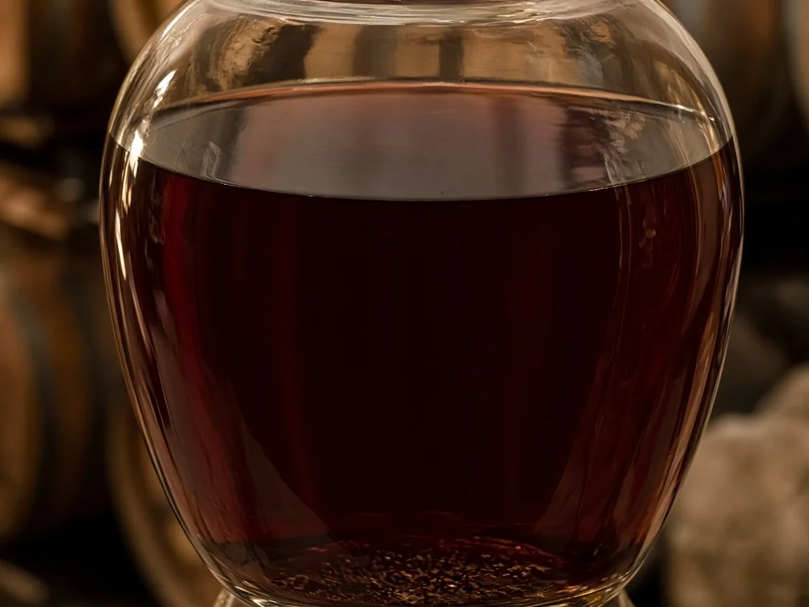 Close view of still red wine in glass, with a calm surface and a little sediment at the bottom