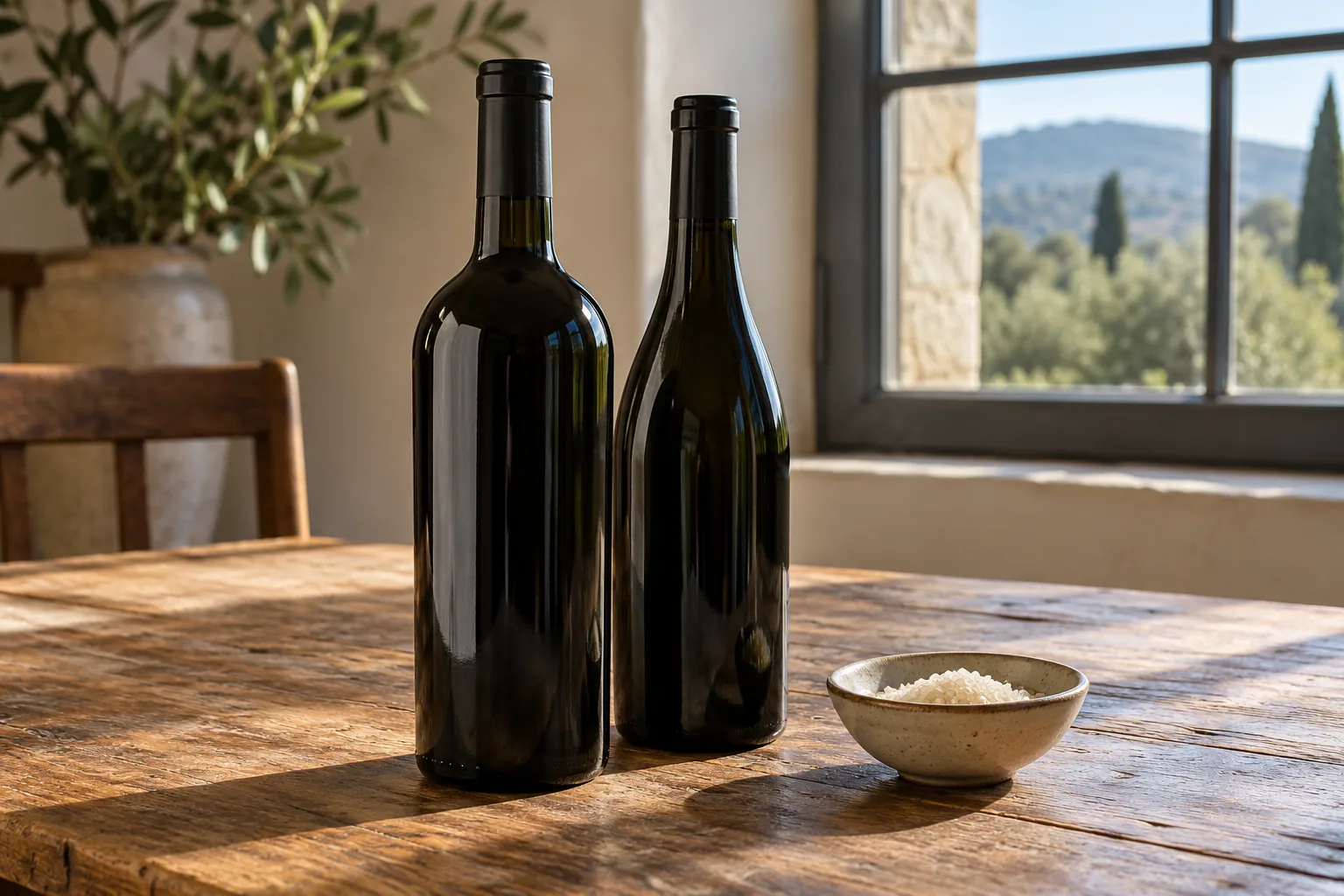 Two unlabeled wine bottles on a wooden table, one beside a small dish of pale granules
