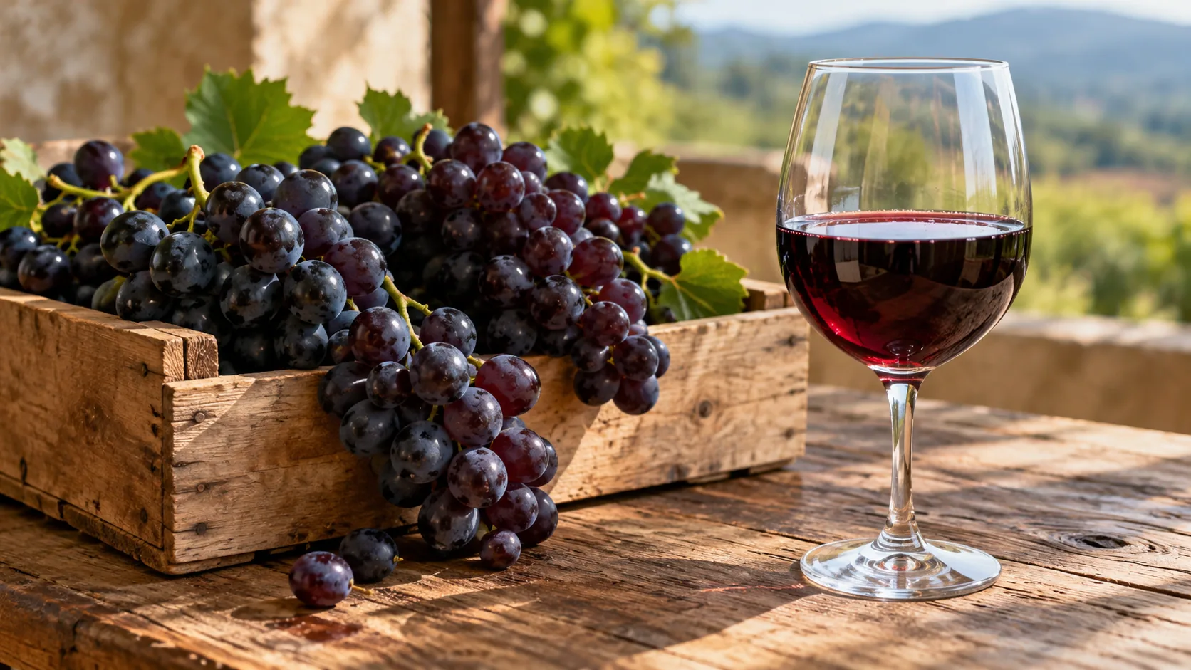 Dark grapes in a wooden crate beside a plain glass of red wine, with no label and no printed text