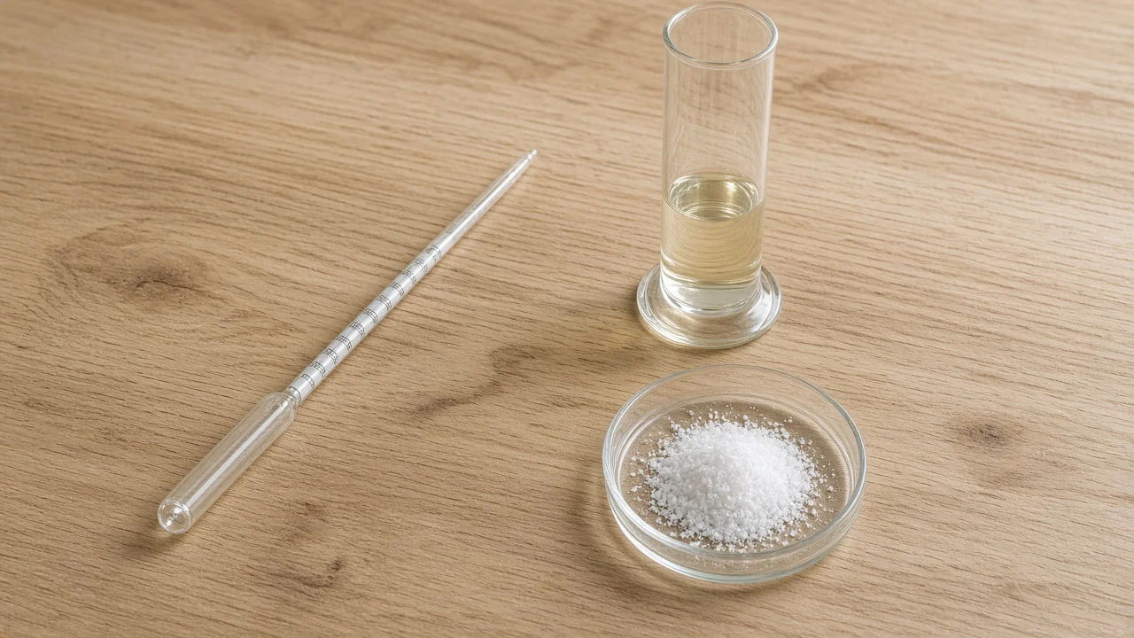 Unmarked hydrometer, a cylinder of pale liquid, and a dish of white crystals on a wooden bench.