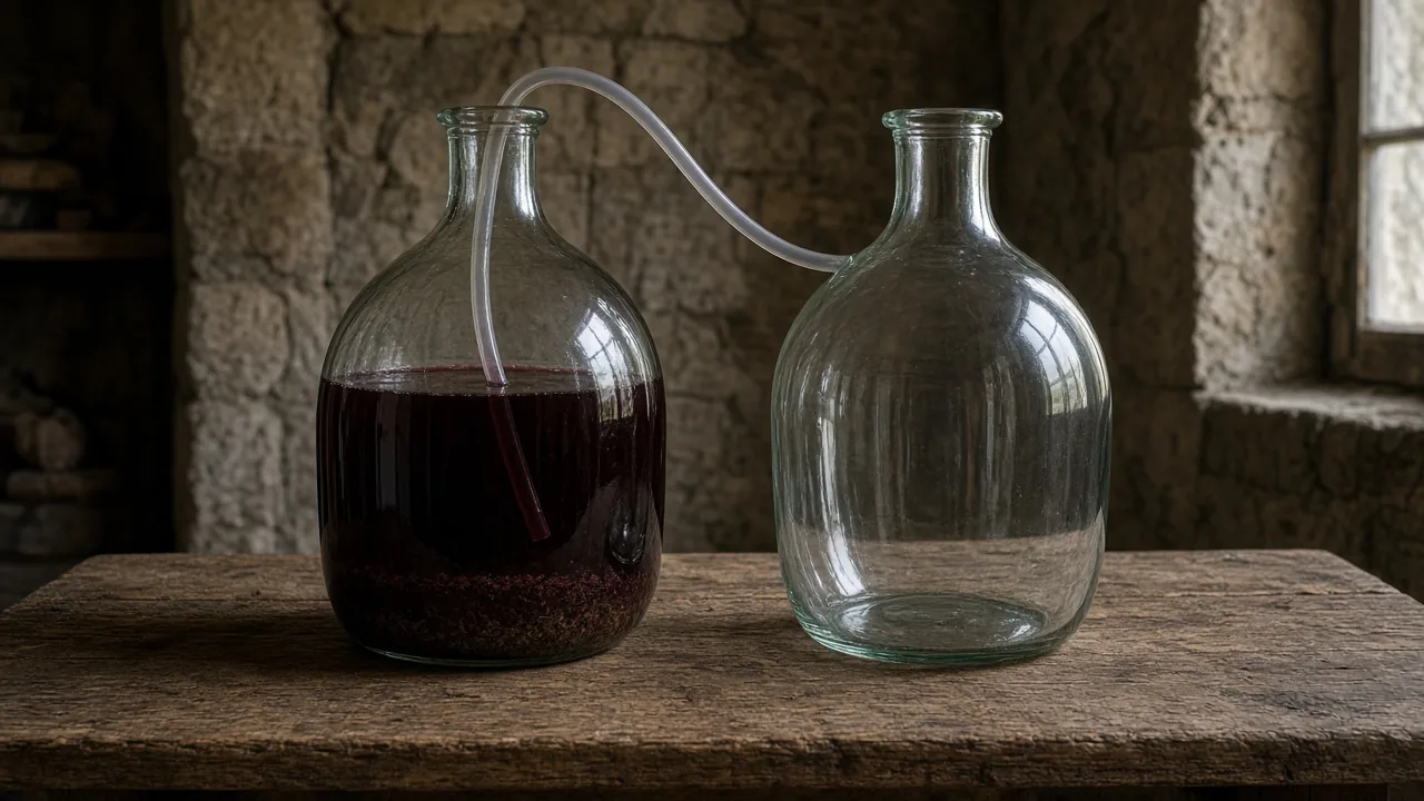Illustration of a glass carboy of red wine with settled sediment, a hose through the neck, and an empty second carboy.