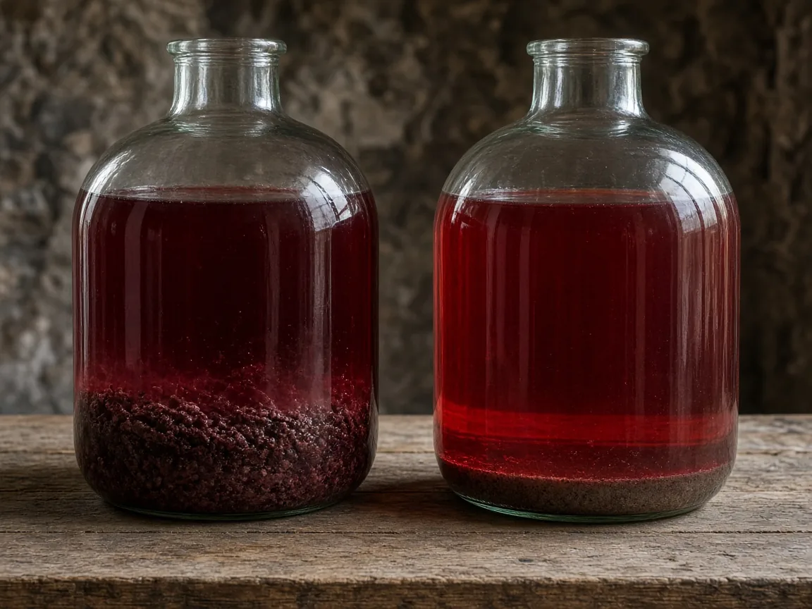 Illustration of two carboys, one with a thick coarse sediment layer and one with a thin film of sediment
