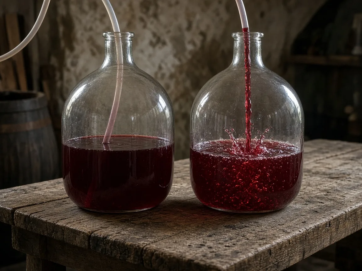 Illustration of two carboys, one filling quietly where the hose meets the wine and one with wine splashing on the surface