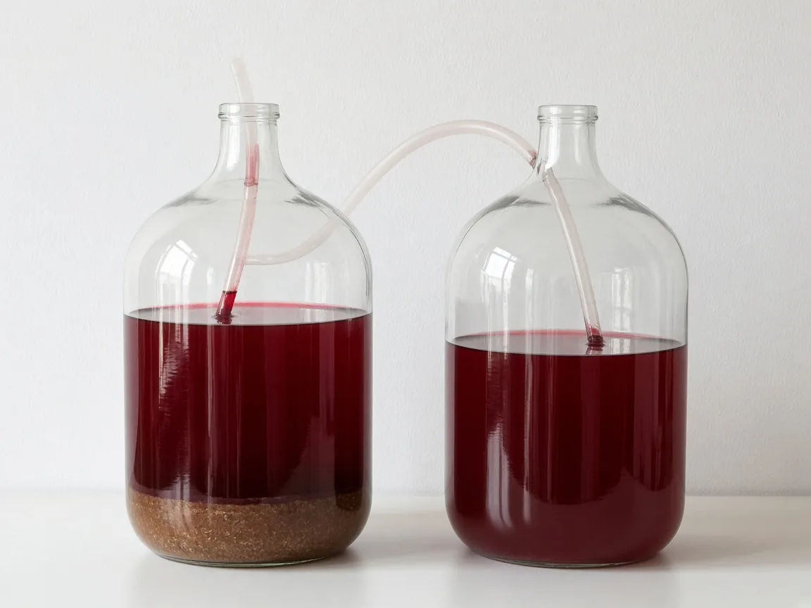 Illustration of two glass carboys linked by a hose through the necks, with a settled sediment layer in the left carboy and wine already in the right carboy