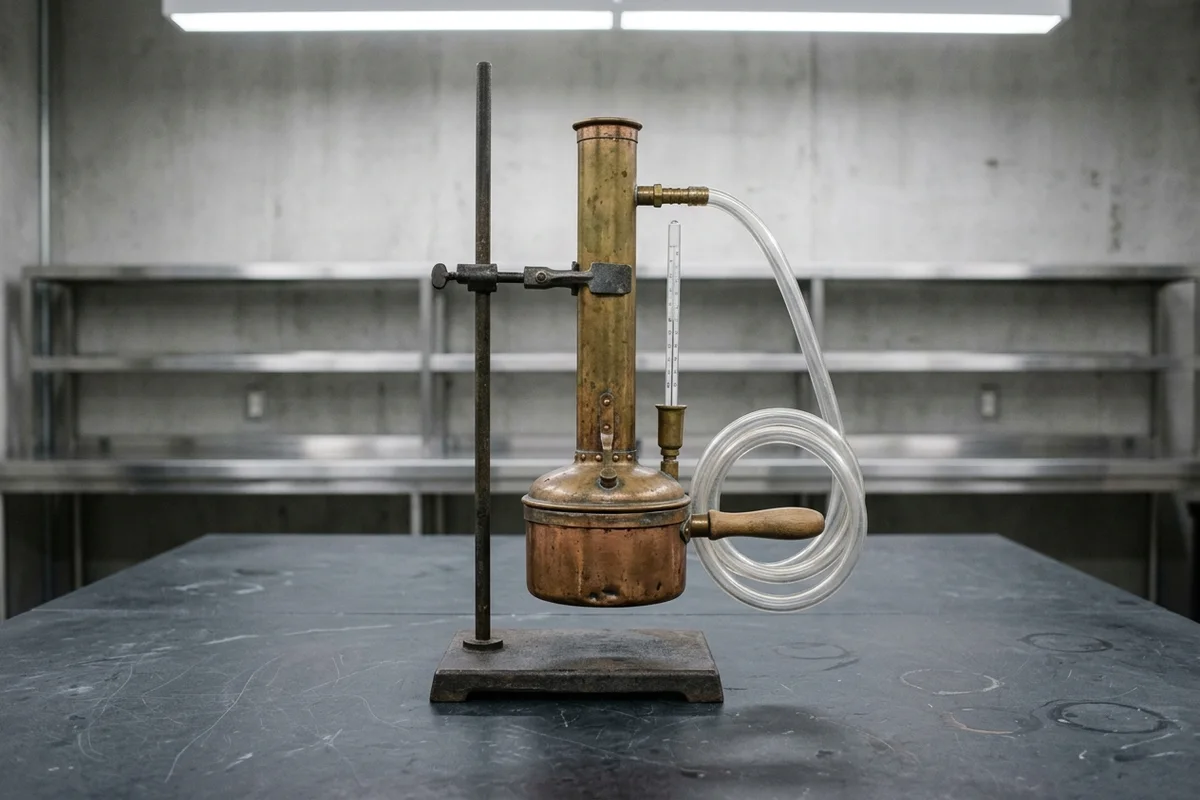 Brass and copper ebulliometer boiling chamber and condenser column mounted on a steel laboratory stand