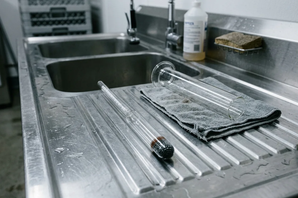 Empty glass hydrometer and clear test cylinder resting on a brushed stainless-steel cellar drainboard