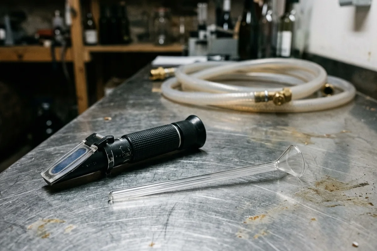 Glass capillary vinometer and closed handheld optical refractometer on a scuffed stainless-steel cellar workbench