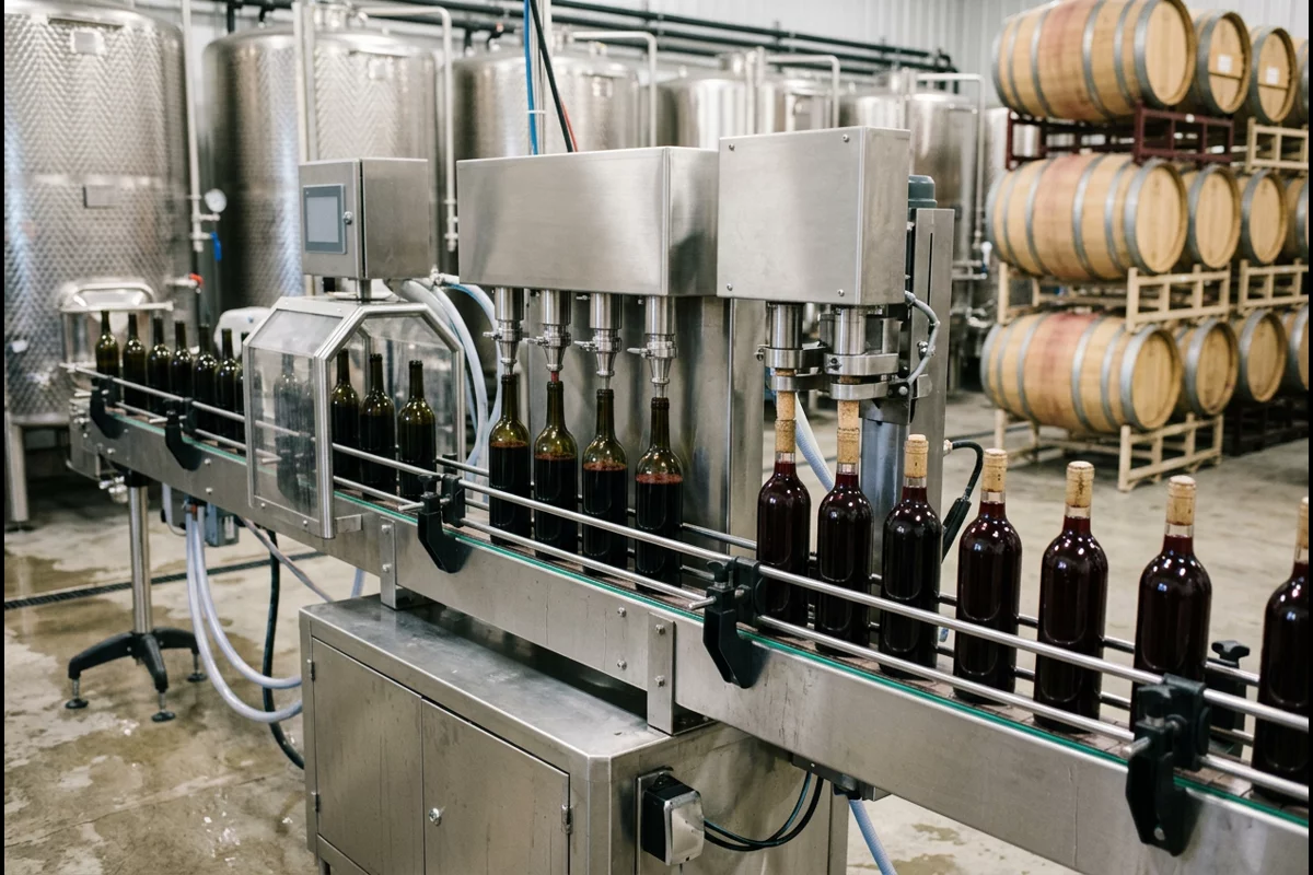 Compact automated winery bottling line with rinsing, filling, and corking stations