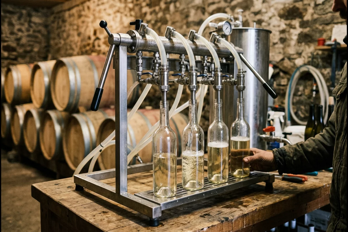 Semi-automatic 4-spout stainless steel wine bottle filler operating in cellar