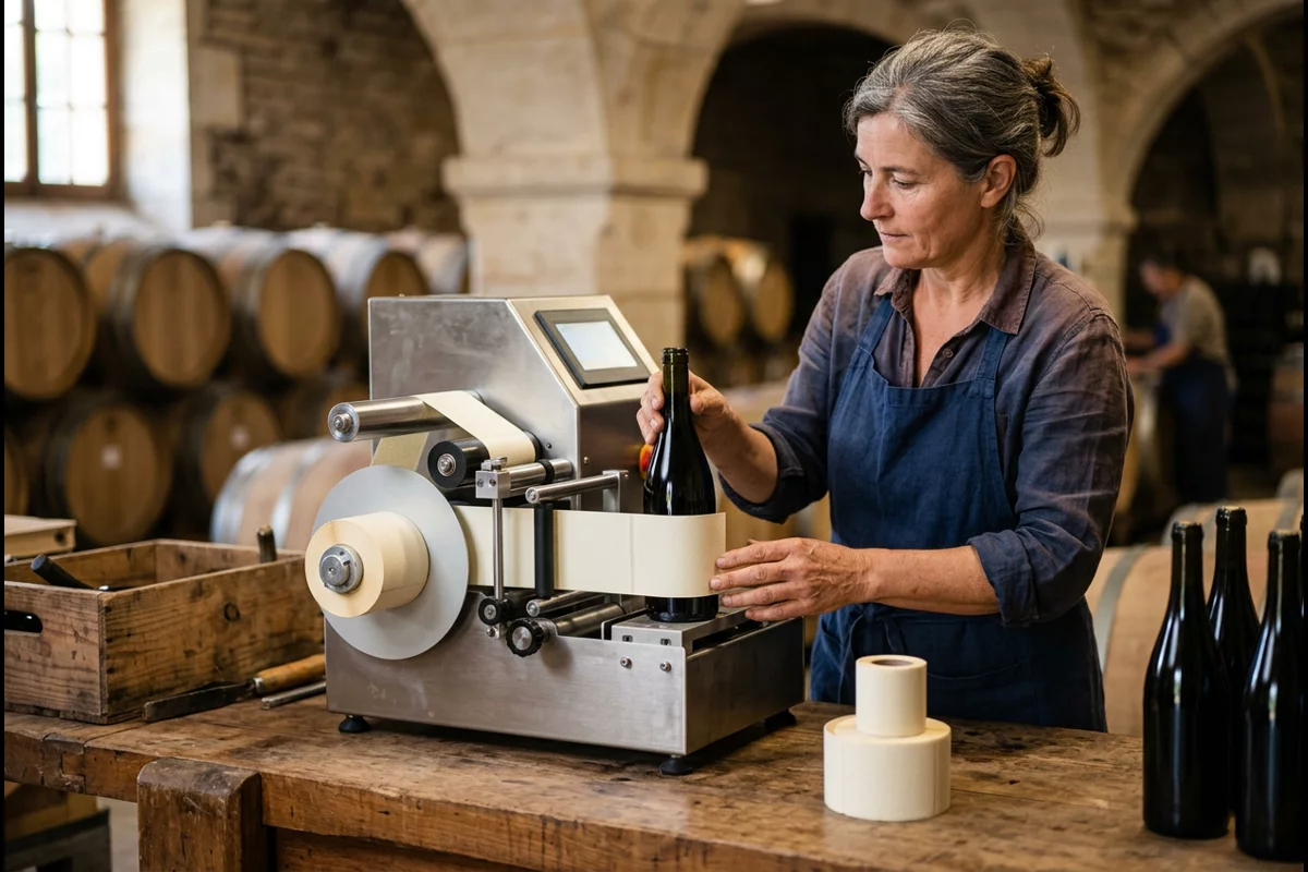 Winemaker operating semi-automatic stainless bottle labeler on packaging bench