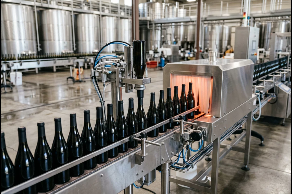 Automated linear wine bottling conveyor with capsule applicator and heat-shrink tunnel