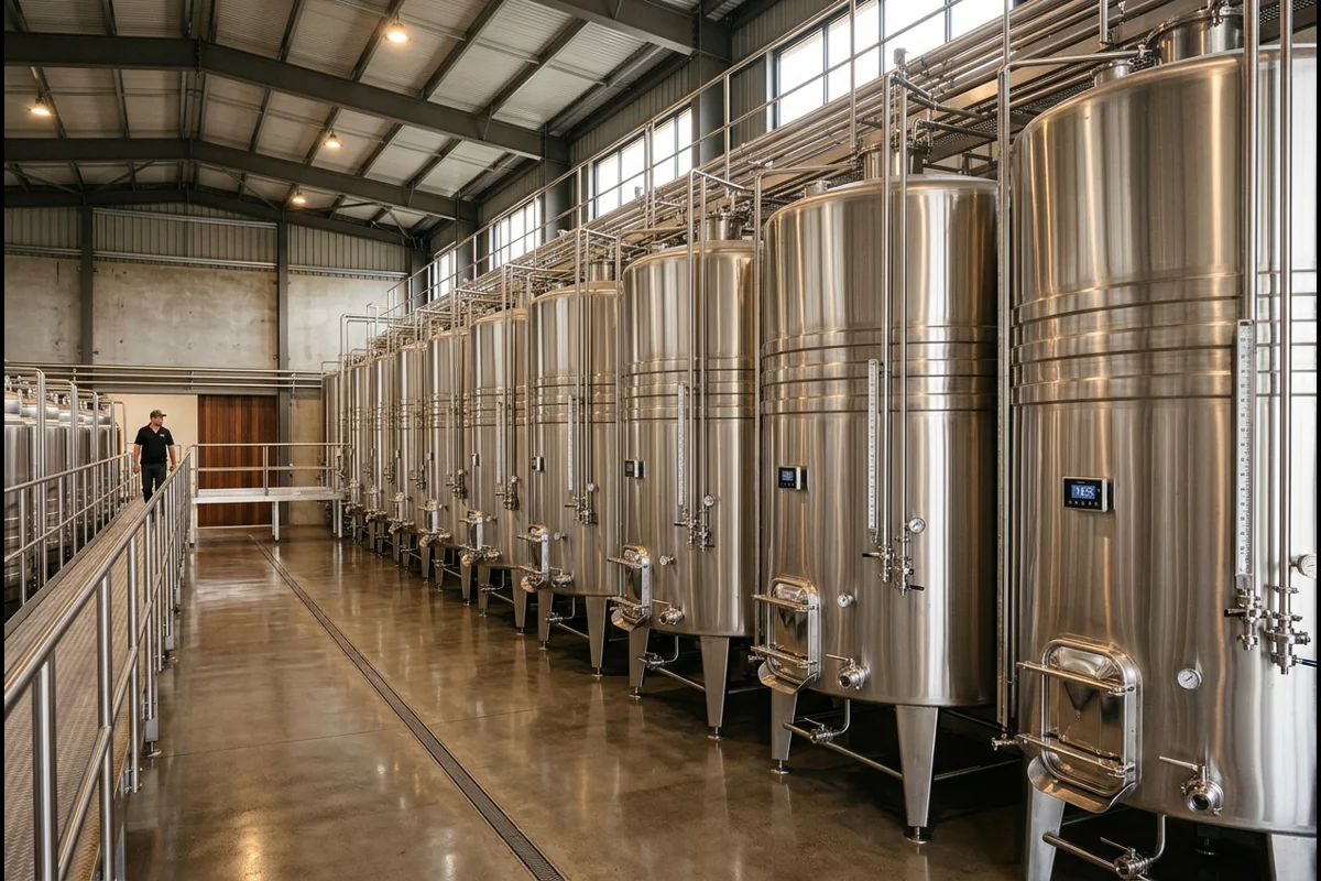 Large stainless steel wine fermentation tanks with digital temperature jackets