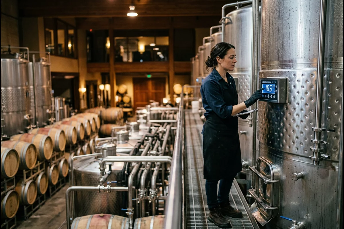 Cellar worker checking digital temperature on cooling jacket of wine fermentation vat