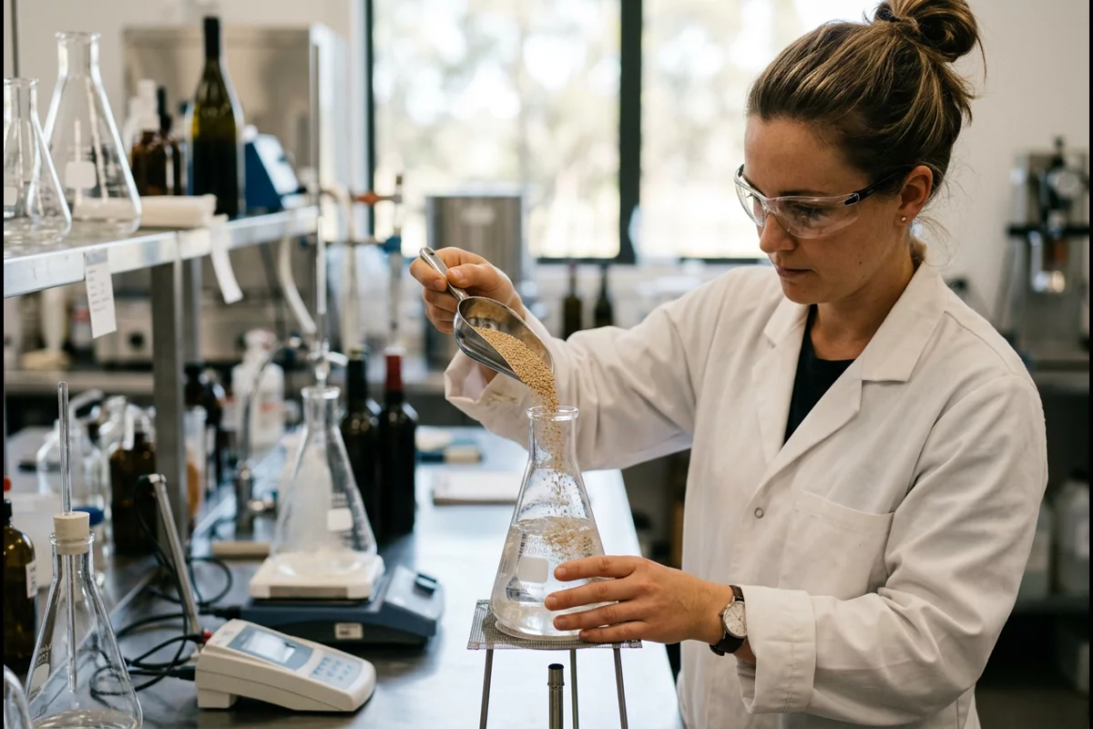 Enologist measuring active dry wine yeast into warm water rehydration flask