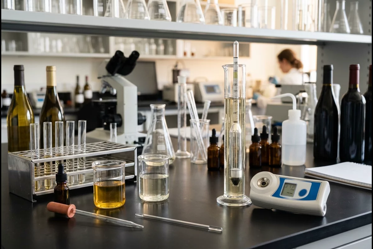 Wine testing lab bench with digital refractometer and hydrometer for dryness testing