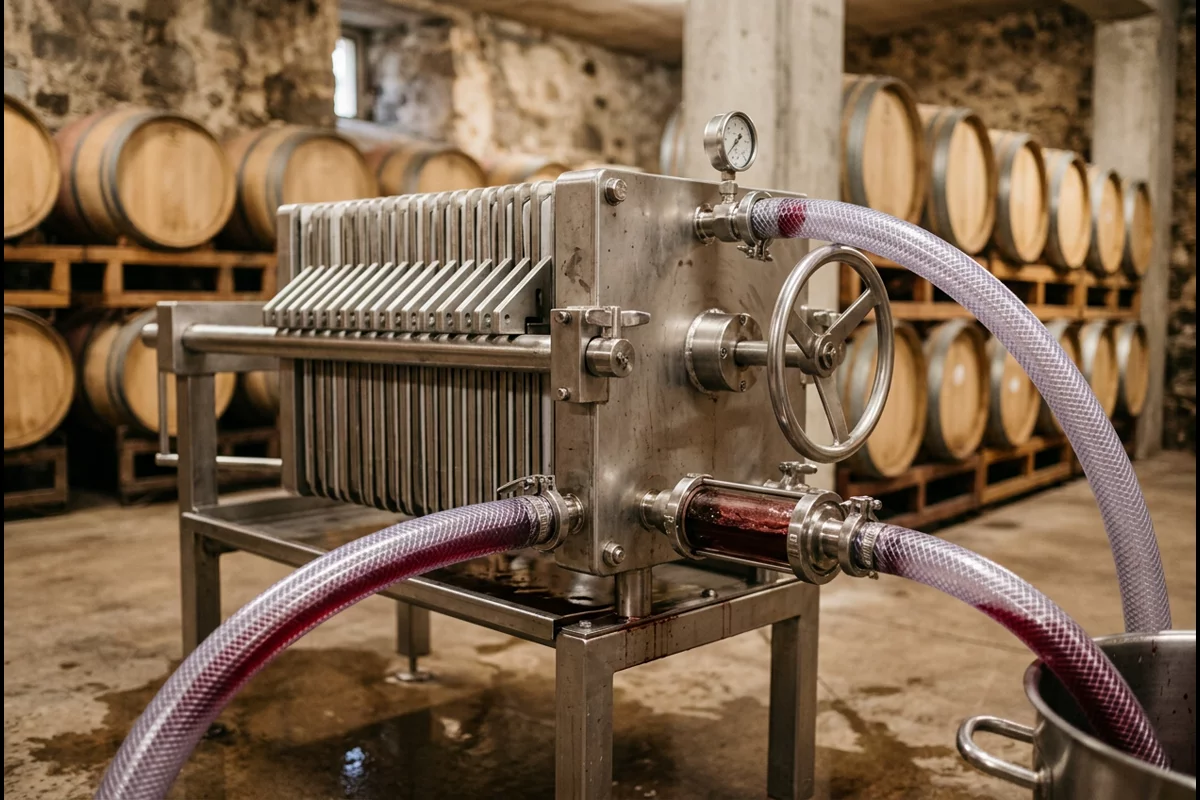 Stainless steel plate and frame sheet filter clarifying red wine in barrel cellar