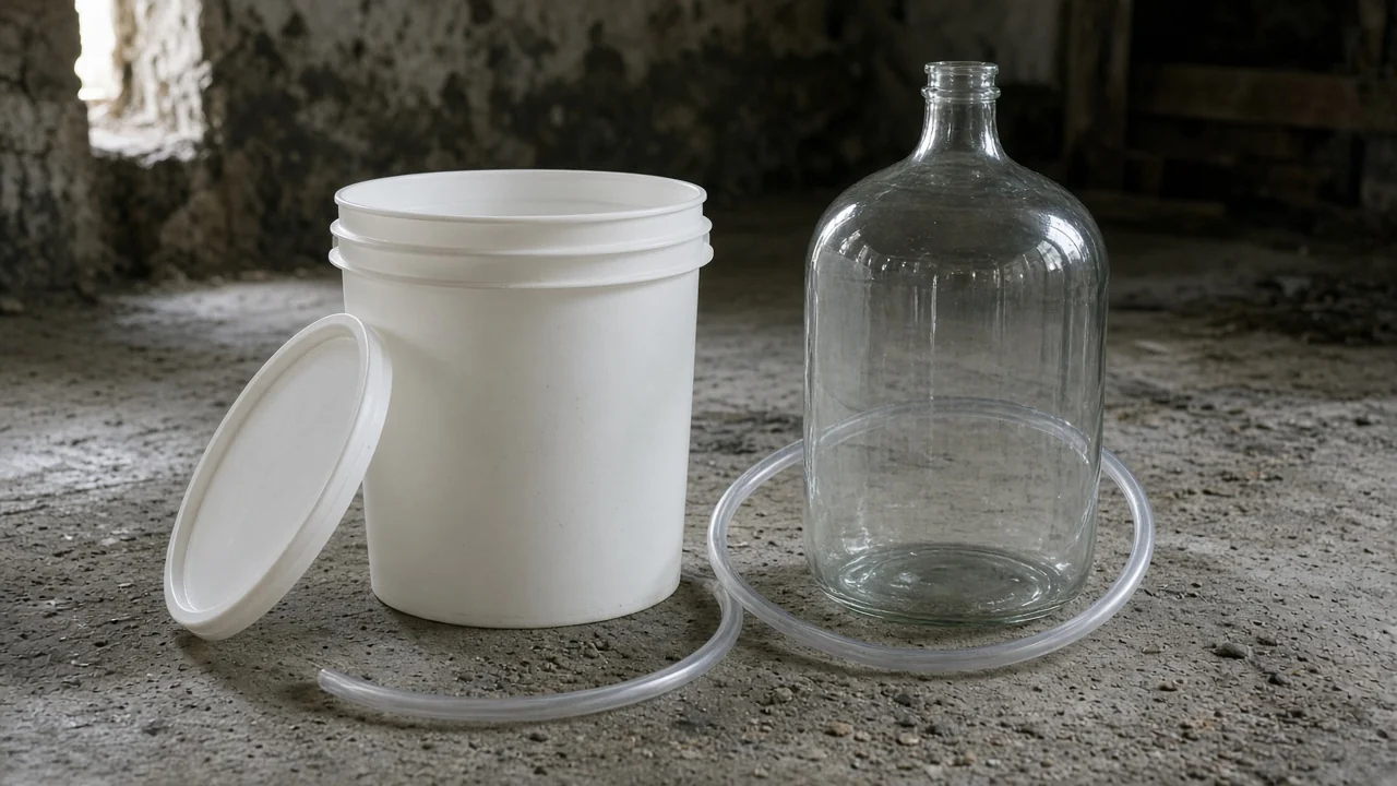 Unmarked white fermenting bucket with its lid off, a clear glass carboy, and a loop of clear hose.